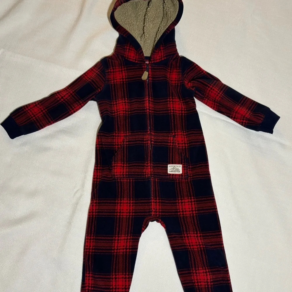 Carter's Red and Navy Plaid Hooded Footie with ears